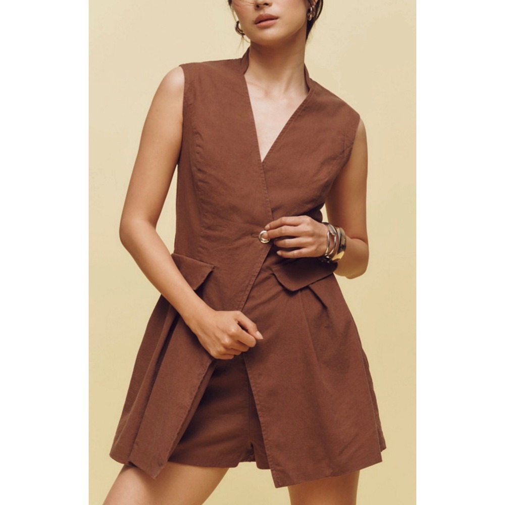Anthropologie Sleeveless Vest Brown Tailored Open Back Romper linen blend XL NWT